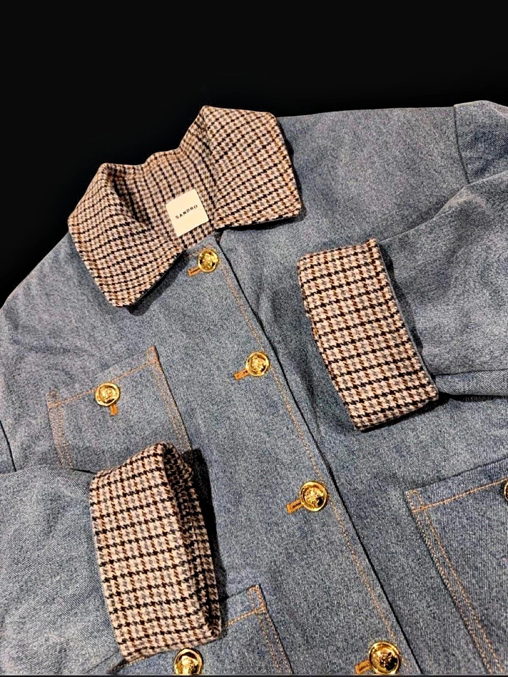 Sandro Elias Denim Jacket Houndstooth Blue & Brown Size 40 - Picture 3 of 6